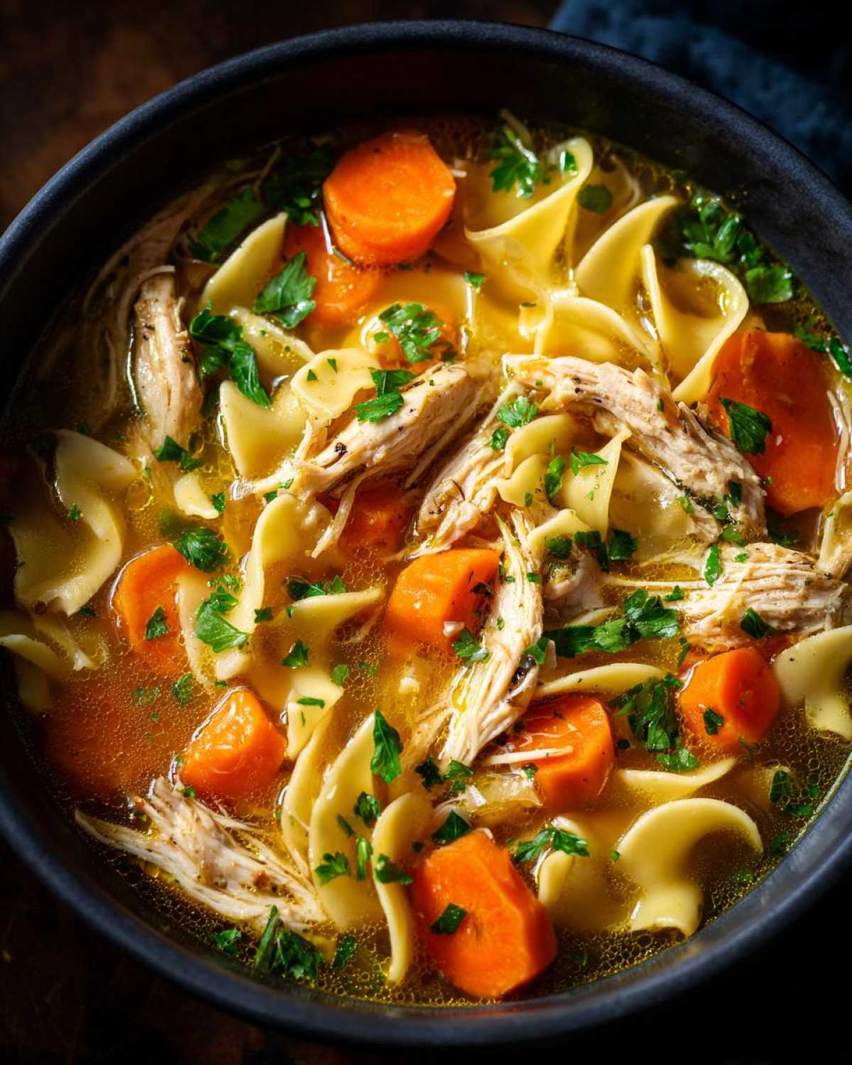 A close-up, overhead view of rich, golden chicken noodle soup with shredded chicken, thick carrot slices, and egg noodles.