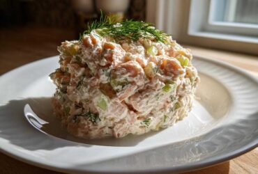 A mound of creamy salmon salad mixed with celery and topped with fresh dill, served on a white plate.