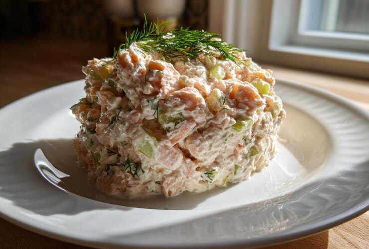 A mound of creamy salmon salad mixed with celery and topped with fresh dill, served on a white plate.