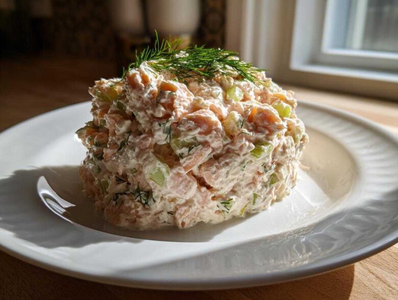 A mound of creamy salmon salad mixed with celery and topped with fresh dill, served on a white plate.