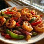 Close-up of perfectly cooked shrimp fajitas featuring seasoned shrimp, green bell peppers, red peppers, and onions on a white plate.