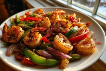 Close-up of perfectly cooked shrimp fajitas featuring seasoned shrimp, green bell peppers, red peppers, and onions on a white plate.