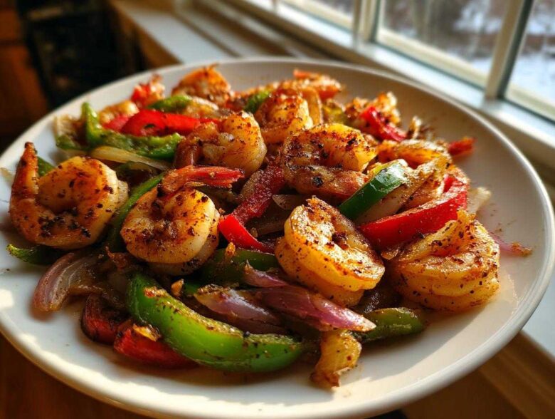 Close-up of perfectly cooked shrimp fajitas featuring seasoned shrimp, green bell peppers, red peppers, and onions on a white plate.