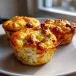 Three golden brown, baked egg muffin cups with cheesy tops resting on a white plate.