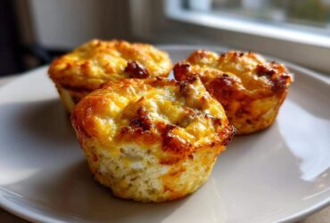 Three golden brown, baked egg muffin cups with cheesy tops resting on a white plate.