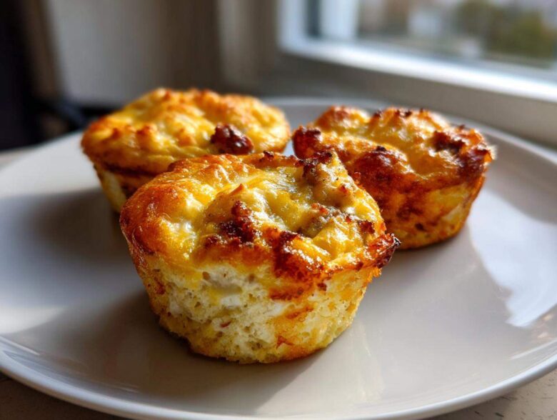 Three golden brown, baked egg muffin cups with cheesy tops resting on a white plate.