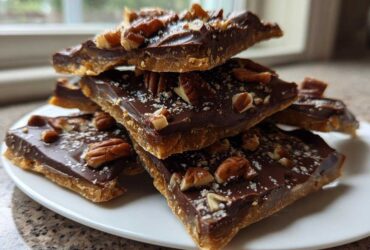 A stack of homemade graham cracker toffee squares topped with melted chocolate, pecans, and sea salt.