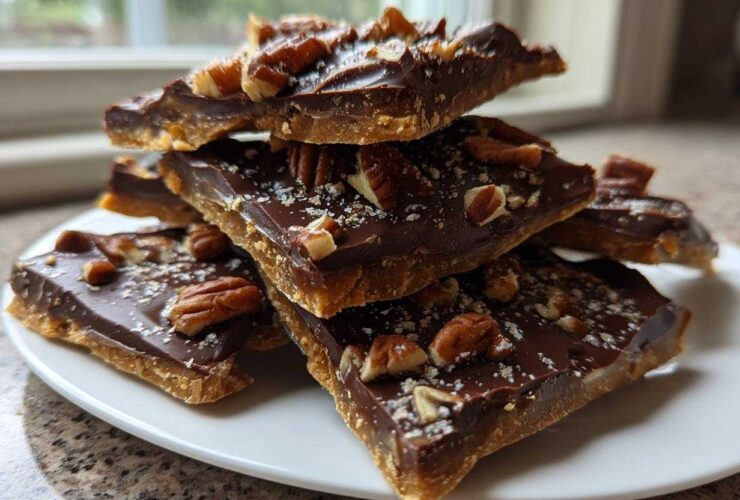 A stack of homemade graham cracker toffee squares topped with melted chocolate, pecans, and sea salt.