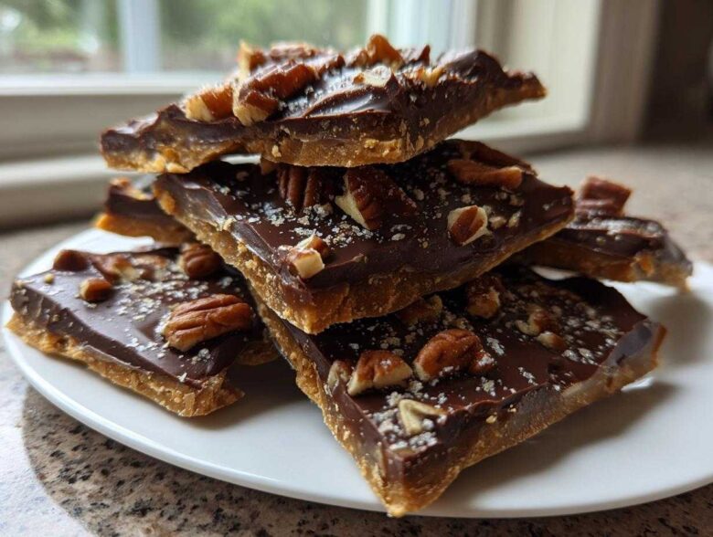A stack of homemade graham cracker toffee squares topped with melted chocolate, pecans, and sea salt.