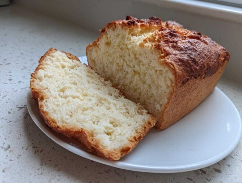 A loaf of golden-crusted beer bread, partially sliced, showing its soft, white interior on a white plate.