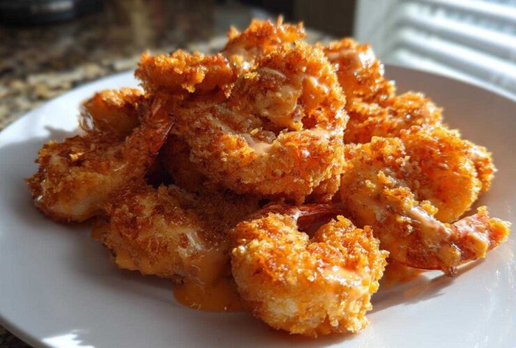 A pile of golden brown, crispy air fryer bang bang shrimp drizzled with a creamy orange sauce on a white plate.