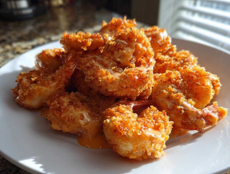 A pile of golden brown, crispy air fryer bang bang shrimp drizzled with a creamy orange sauce on a white plate.