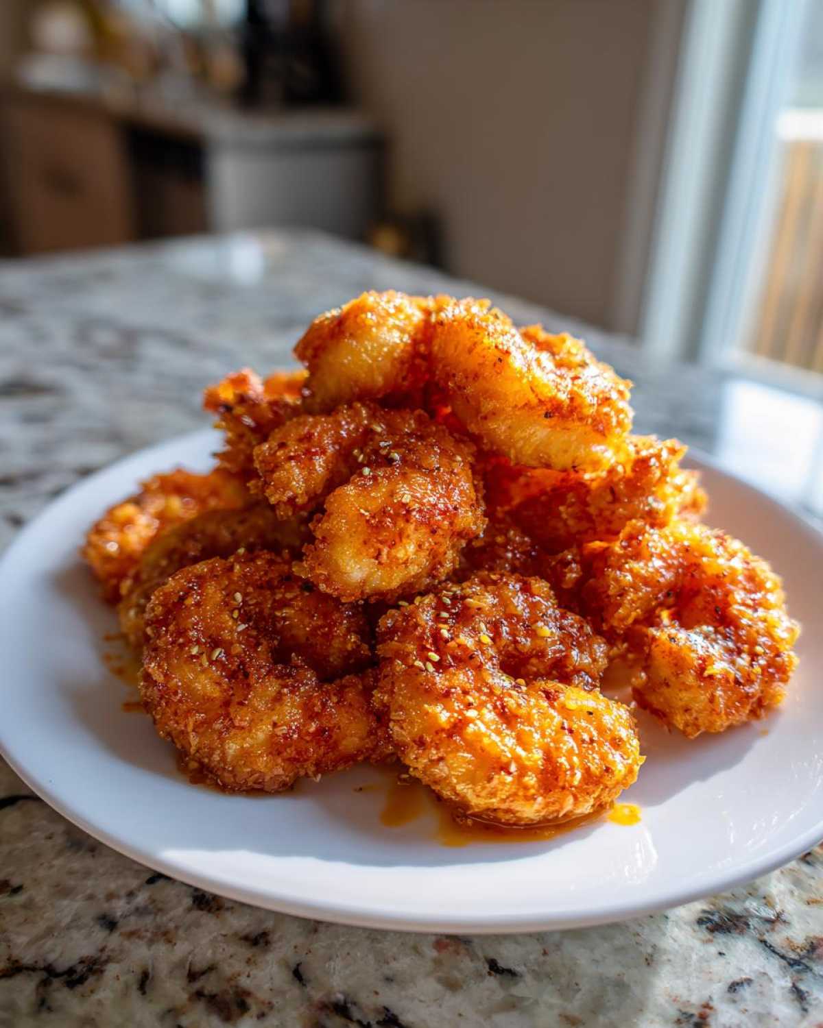 A mound of crispy, saucy Air Fryer Bang Bang Shrimp piled high on a white plate.