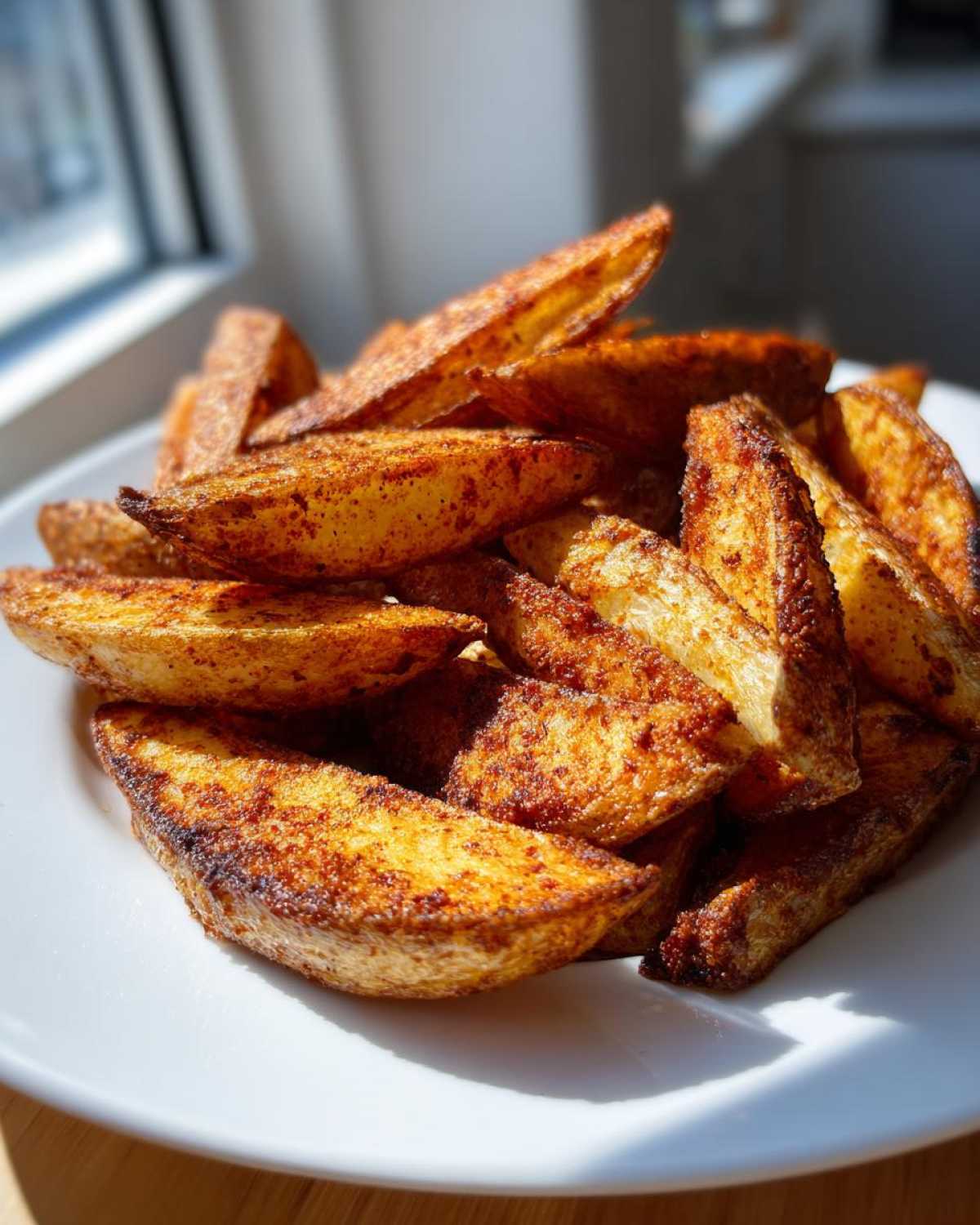 A close-up of a pile of crispy, seasoned air fryer potato wedges served on a white plate near a window.