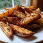 A close-up of perfectly cooked, crispy air fryer potato wedges seasoned with spices, piled on a white plate.