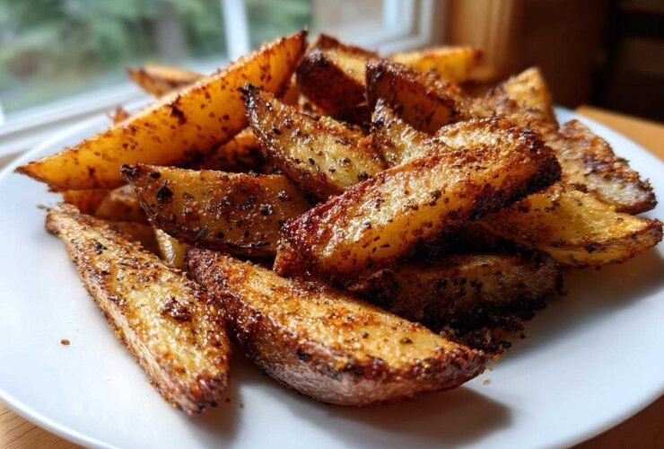 A close-up of perfectly cooked, crispy air fryer potato wedges seasoned with spices, piled on a white plate.