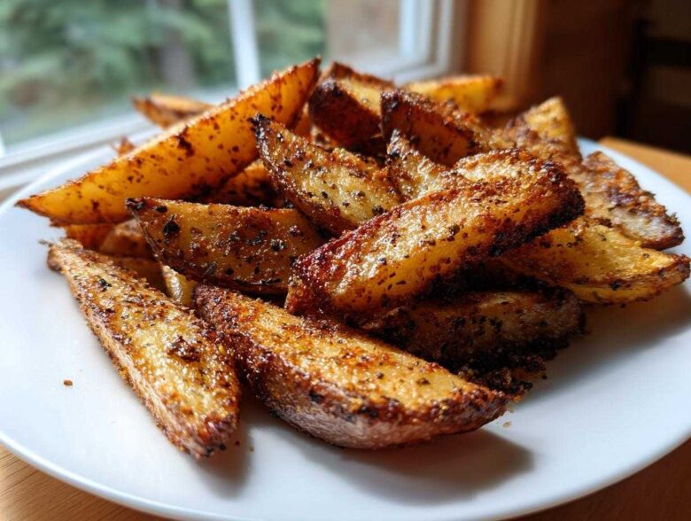A close-up of perfectly cooked, crispy air fryer potato wedges seasoned with spices, piled on a white plate.