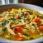 A close-up, appetizing view of a bowl of rich, golden chicken noodle soup with shredded chicken, carrots, and parsley garnish.