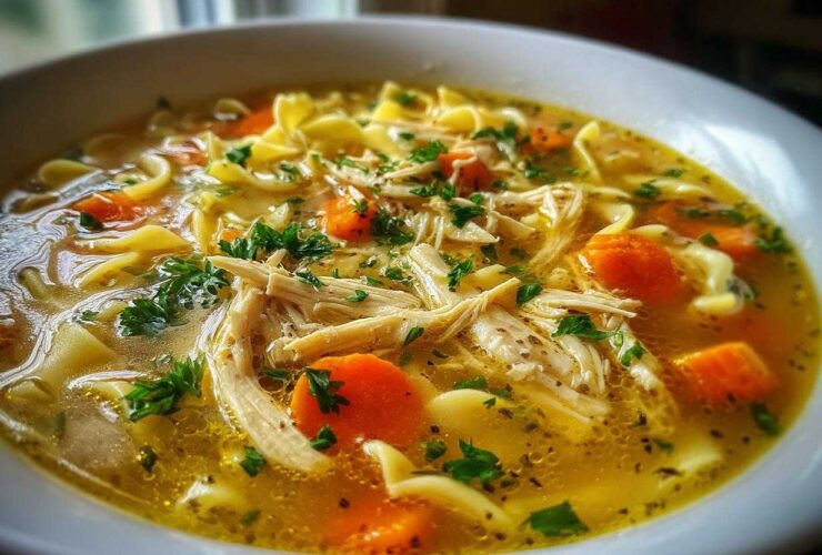A close-up, appetizing view of a bowl of rich, golden chicken noodle soup with shredded chicken, carrots, and parsley garnish.