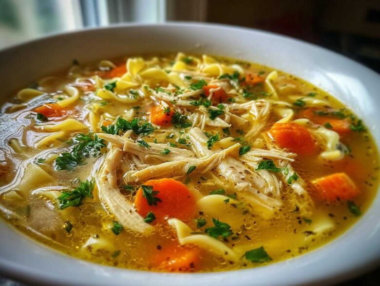 A close-up, appetizing view of a bowl of rich, golden chicken noodle soup with shredded chicken, carrots, and parsley garnish.