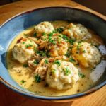 Close-up of a rich bowl of chicken and dumpling, featuring fluffy dumplings and shredded chicken in a creamy broth, garnished with parsley.