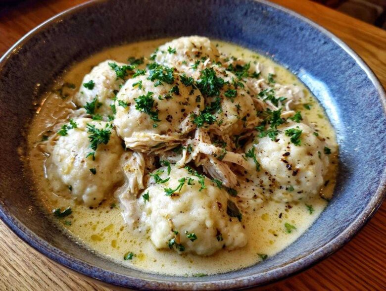 Close-up of a bowl of amazing chicken and dumpling, featuring fluffy dumplings in a rich sauce topped with shredded chicken and parsley.
