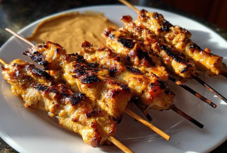 Close-up of five grilled chicken satay skewers on a white plate next to a dollop of peanut dipping sauce.