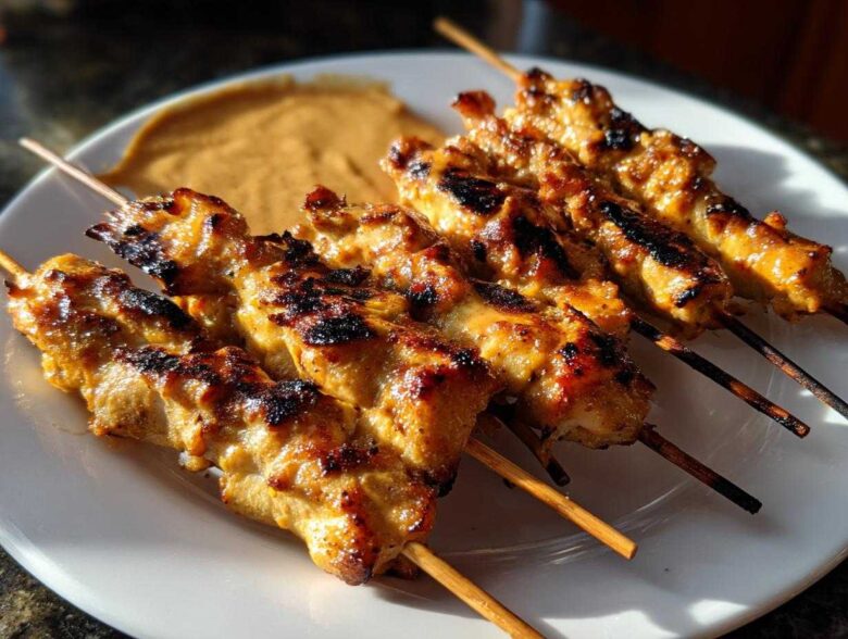 Close-up of five grilled chicken satay skewers on a white plate next to a dollop of peanut dipping sauce.