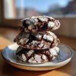 Three rich, dark chocolate crinkle cookies stacked on a small plate, heavily dusted with powdered sugar.