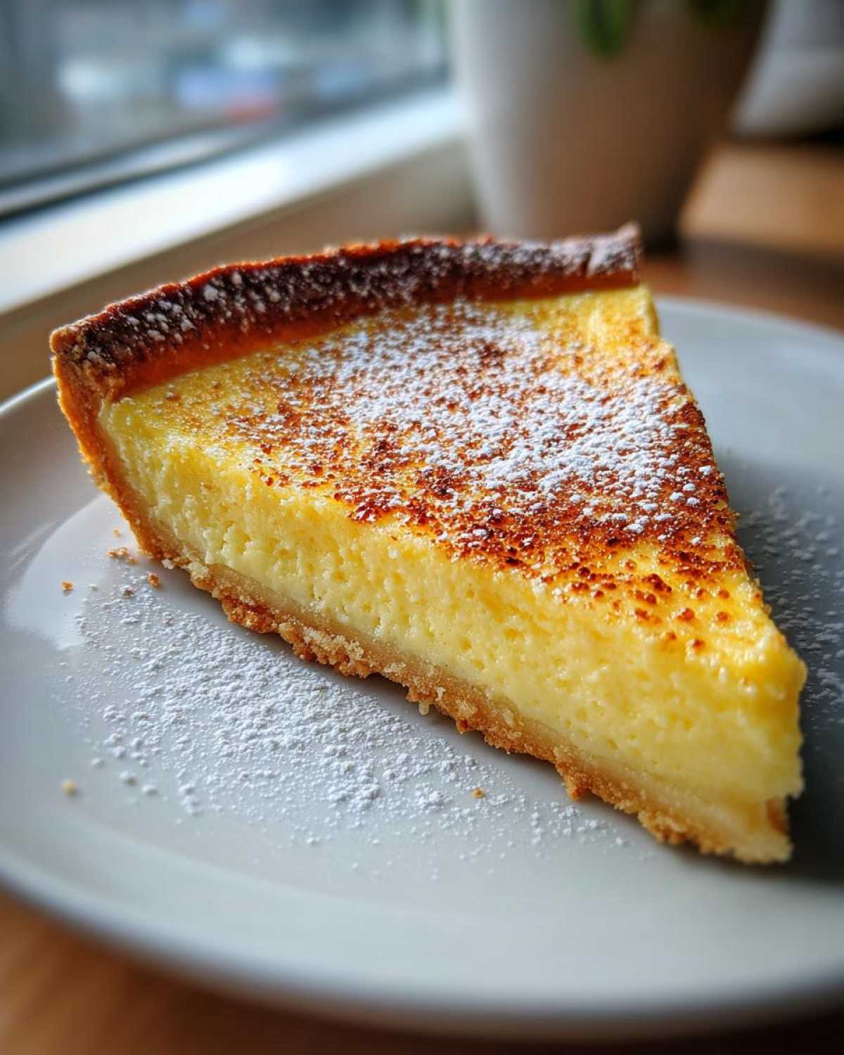A perfect slice of amazing custard pie with a golden-brown top dusted with powdered sugar.