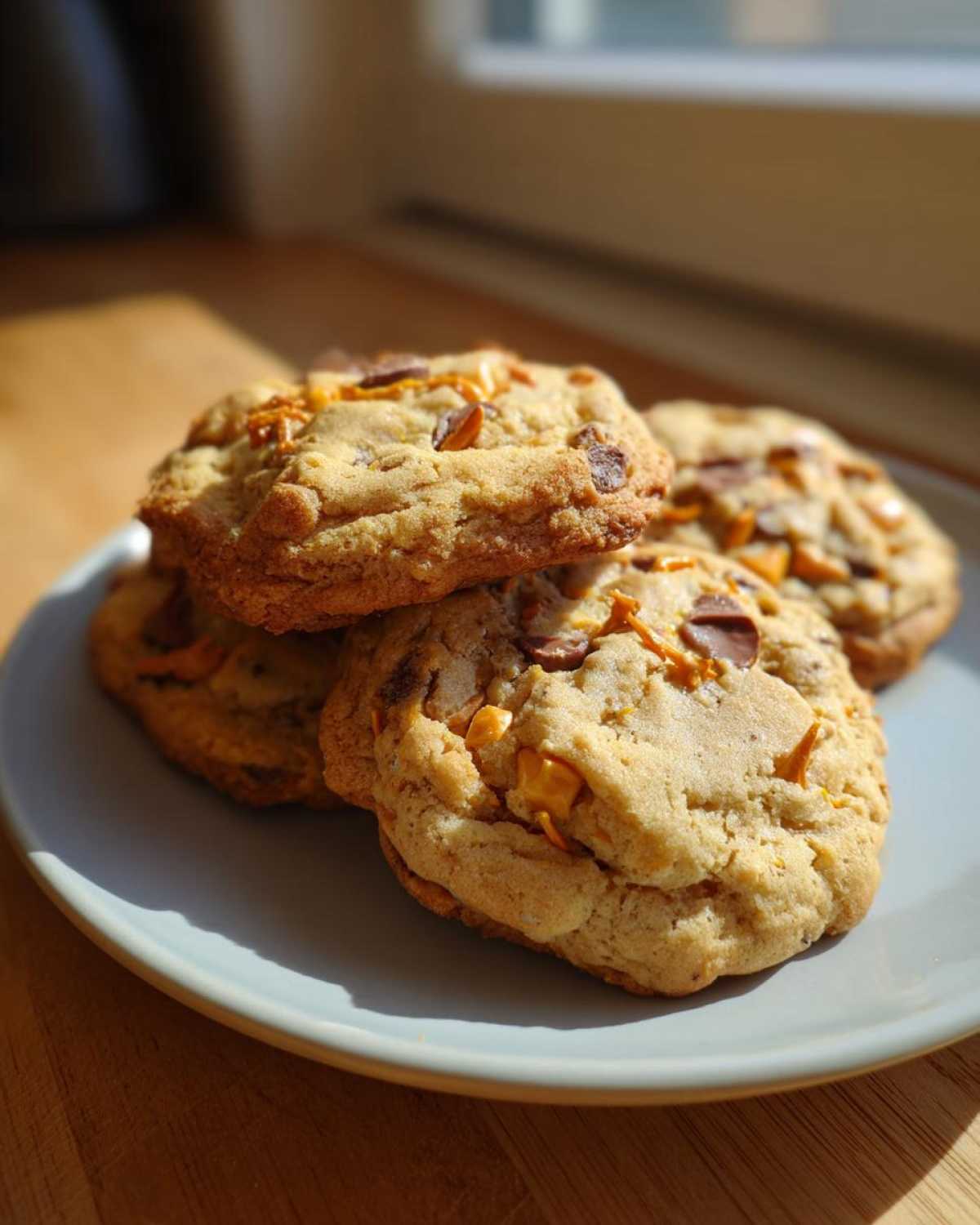 A stack of freshly baked kitchen sink cookies loaded with chocolate chips and pretzel pieces on a light blue plate.