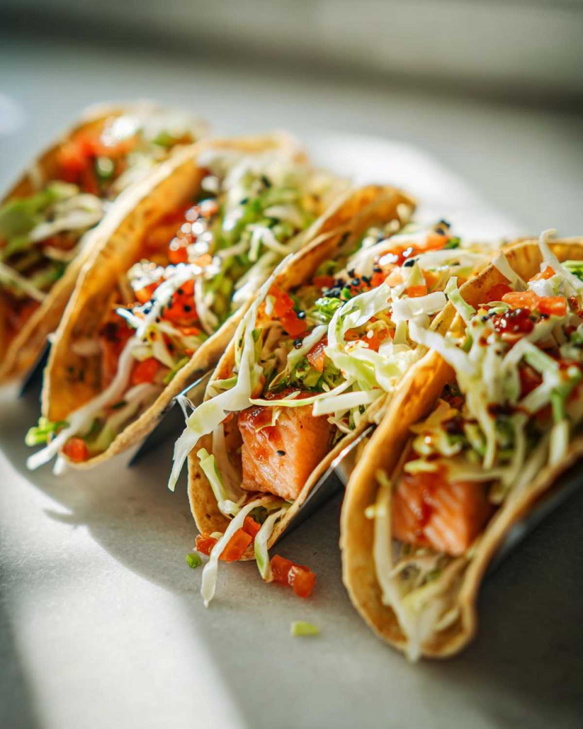 A row of delicious salmon tacos filled with chunks of glazed salmon, shredded cabbage, and diced tomatoes, held in taco stands.