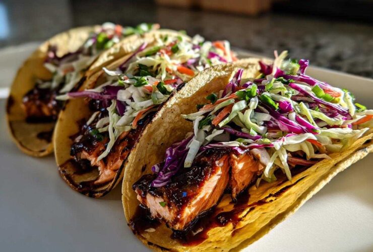 Close-up of three delicious salmon tacos filled with glazed salmon and topped with vibrant purple and green coleslaw.