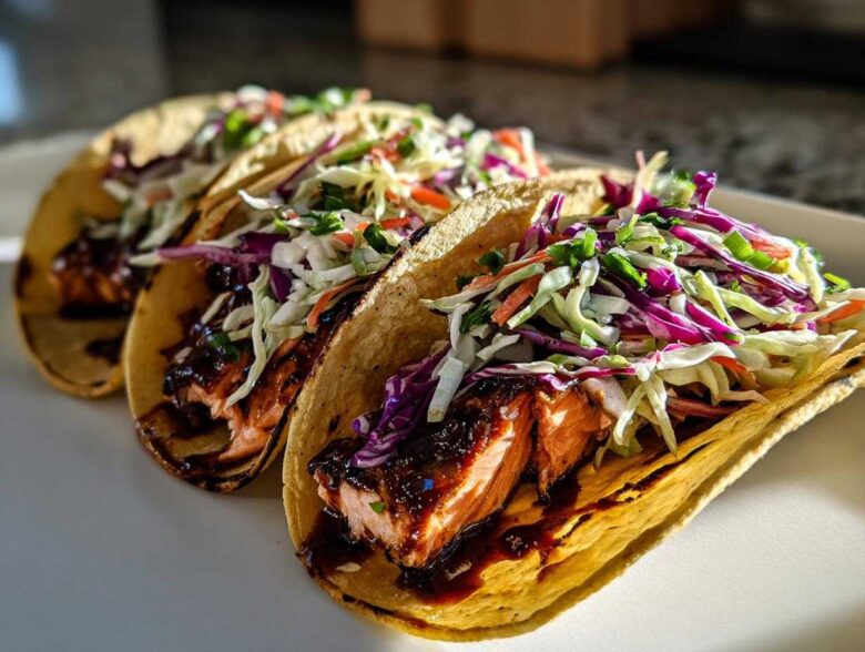 Close-up of three delicious salmon tacos filled with glazed salmon and topped with vibrant purple and green coleslaw.