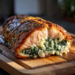 A perfectly cooked piece of stuffed salmon, showing a golden-brown crust and creamy spinach filling inside.