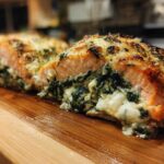 Close-up of amazing stuffed salmon cut in half, showing the creamy spinach filling inside and a golden-brown top.