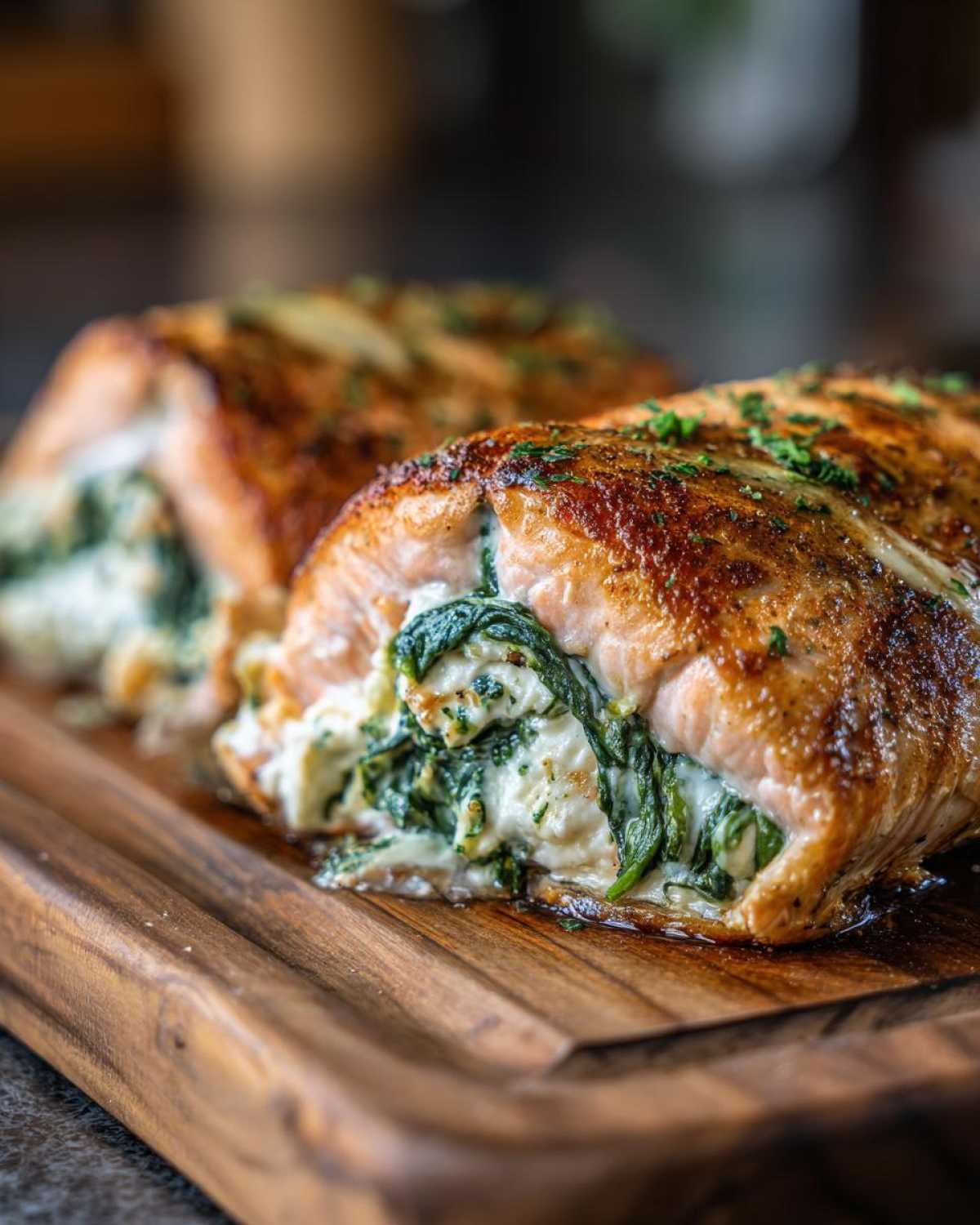 Two pieces of perfectly seared stuffed salmon, showing a creamy spinach filling spilling out, resting on a wooden board.