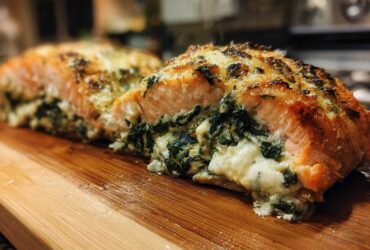 Close-up of amazing stuffed salmon cut in half, showing the creamy spinach filling inside and a golden-brown top.