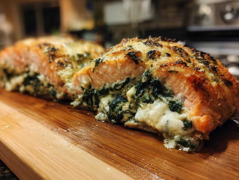 Close-up of amazing stuffed salmon cut in half, showing the creamy spinach filling inside and a golden-brown top.
