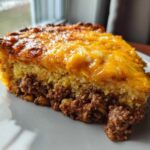 A hearty slice of tamale pie showing a layer of seasoned ground meat topped with golden cornbread and melted cheddar cheese.