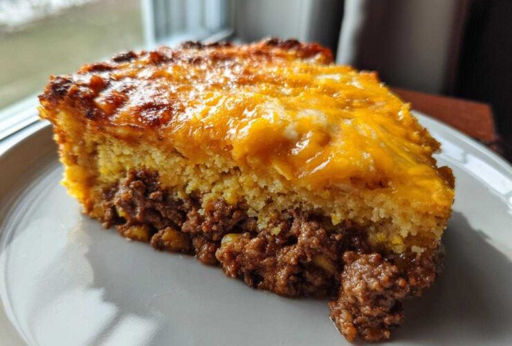 A hearty slice of tamale pie showing a layer of seasoned ground meat topped with golden cornbread and melted cheddar cheese.