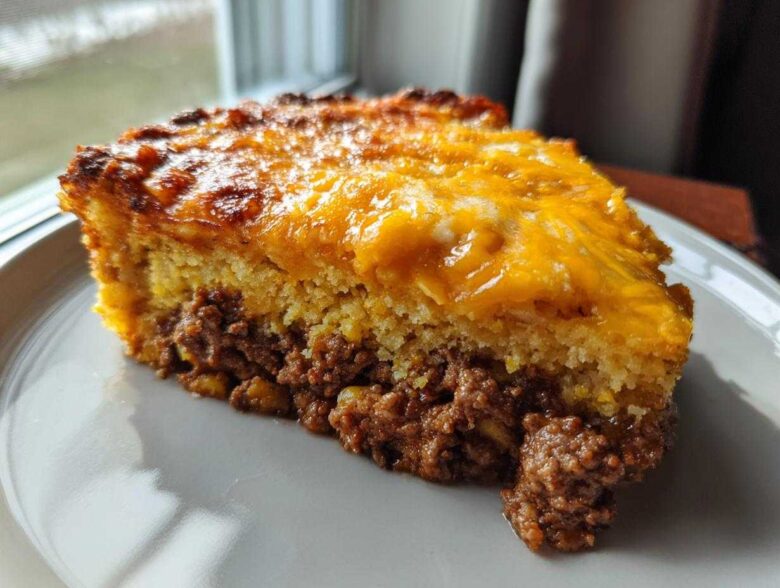 A hearty slice of tamale pie showing a layer of seasoned ground meat topped with golden cornbread and melted cheddar cheese.