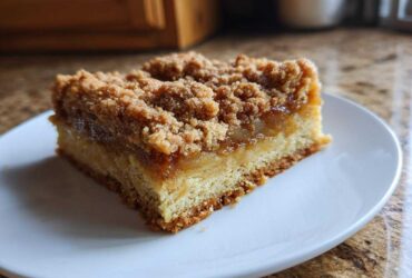 A single serving of rich, layered apple pie bars with a thick crumble topping on a white plate.
