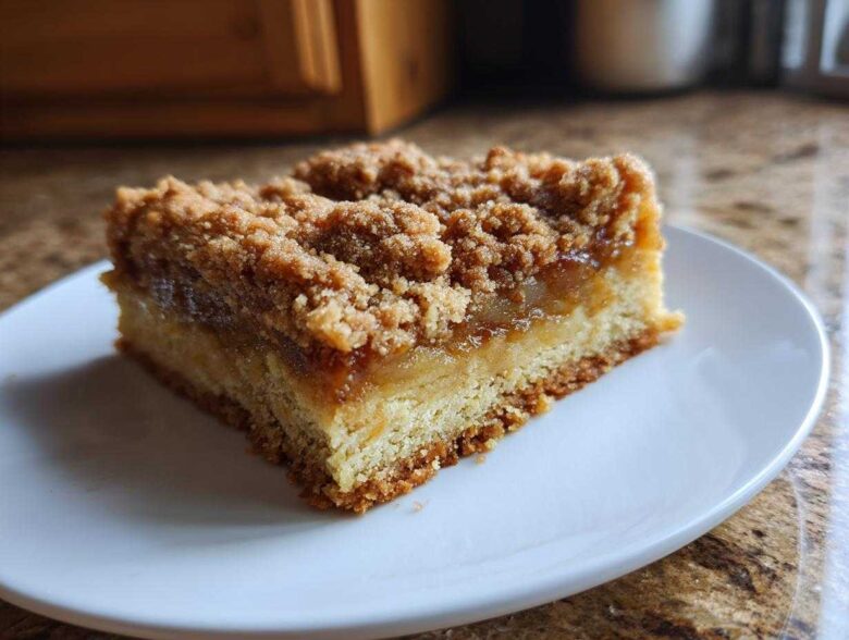 A single serving of rich, layered apple pie bars with a thick crumble topping on a white plate.