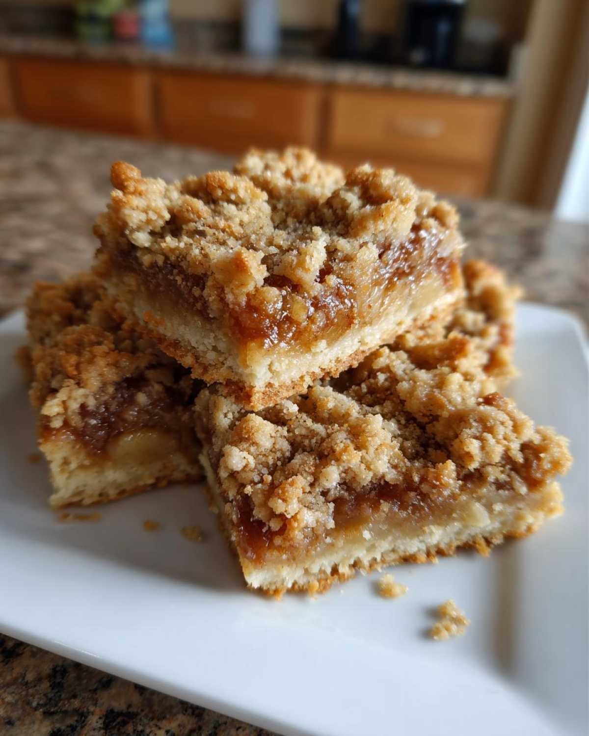 Close-up of three stacked apple pie bars featuring a thick, gooey filling and a buttery crumble topping.