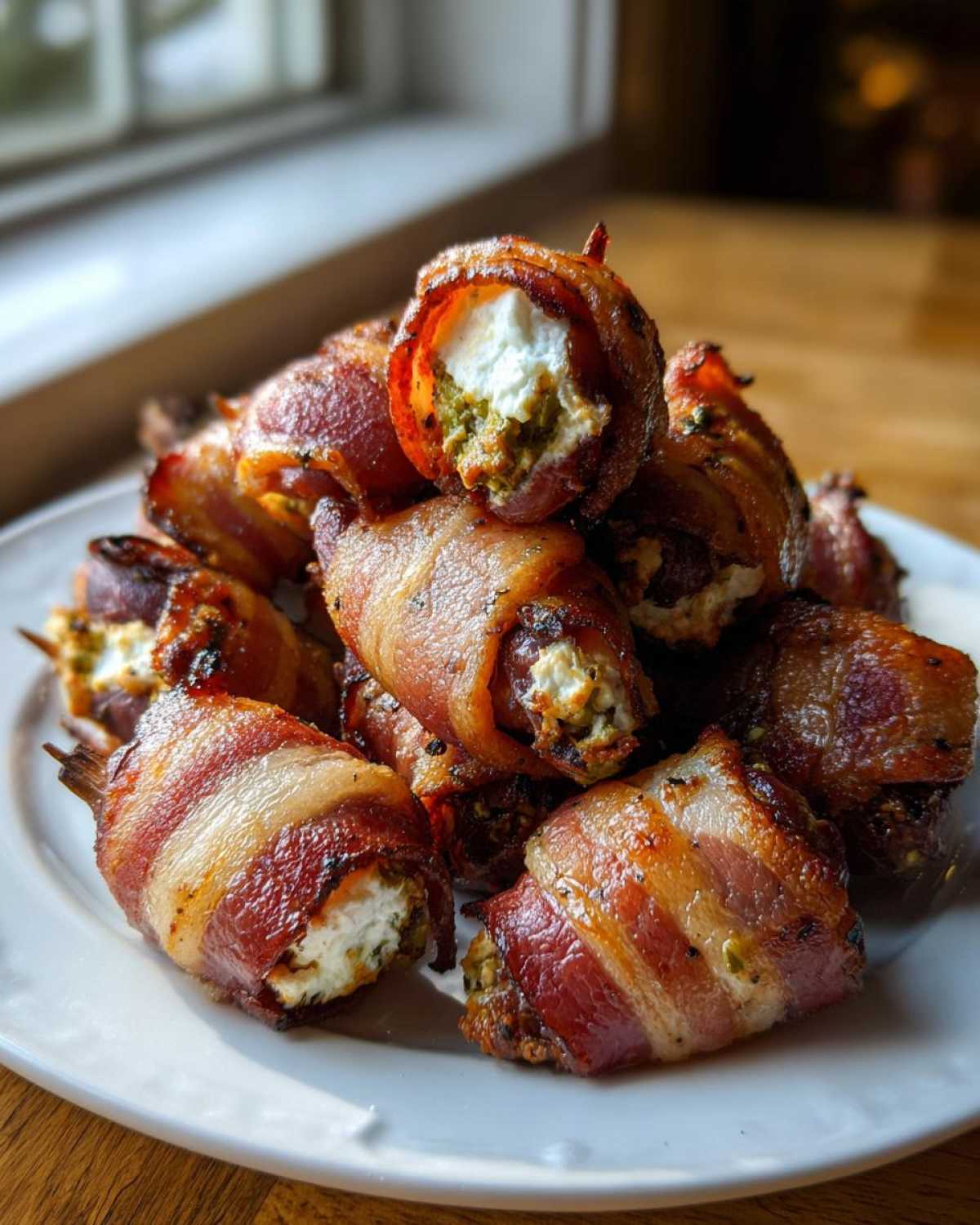 Close-up of several bacon wrapped stuffed dates piled high on a white plate, showing creamy filling.