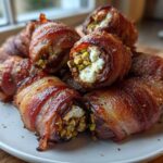 Pile of crispy, bacon-wrapped stuffed dates filled with cheese and pistachios, ready to serve.