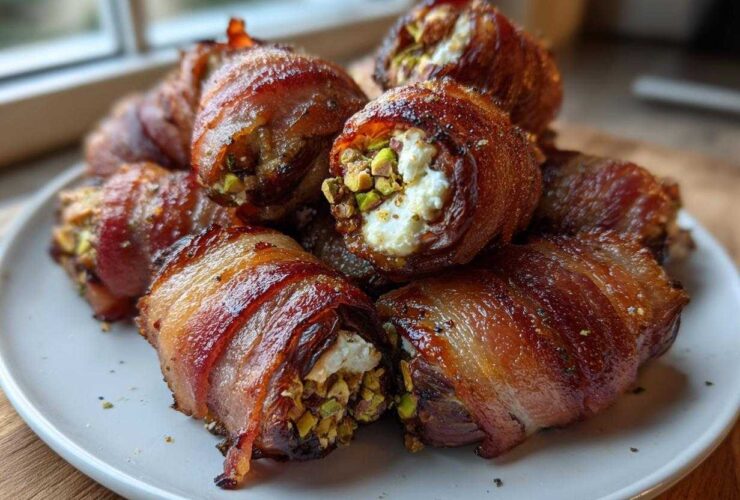 Pile of crispy, bacon-wrapped stuffed dates filled with cheese and pistachios, ready to serve.