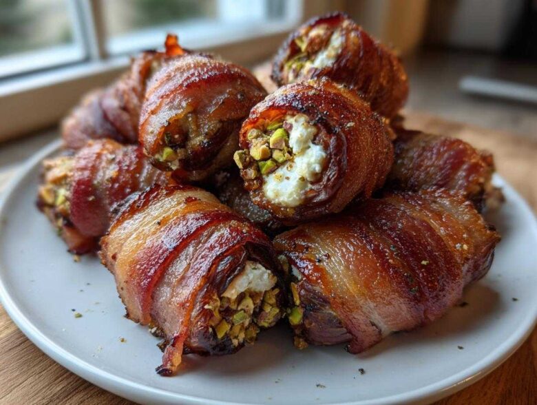 Pile of crispy, bacon-wrapped stuffed dates filled with cheese and pistachios, ready to serve.