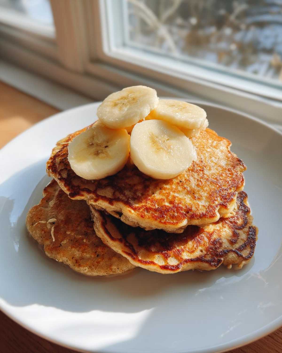 A stack of three golden brown banana oatmeal pancakes topped with fresh banana slices, sitting on a white plate.